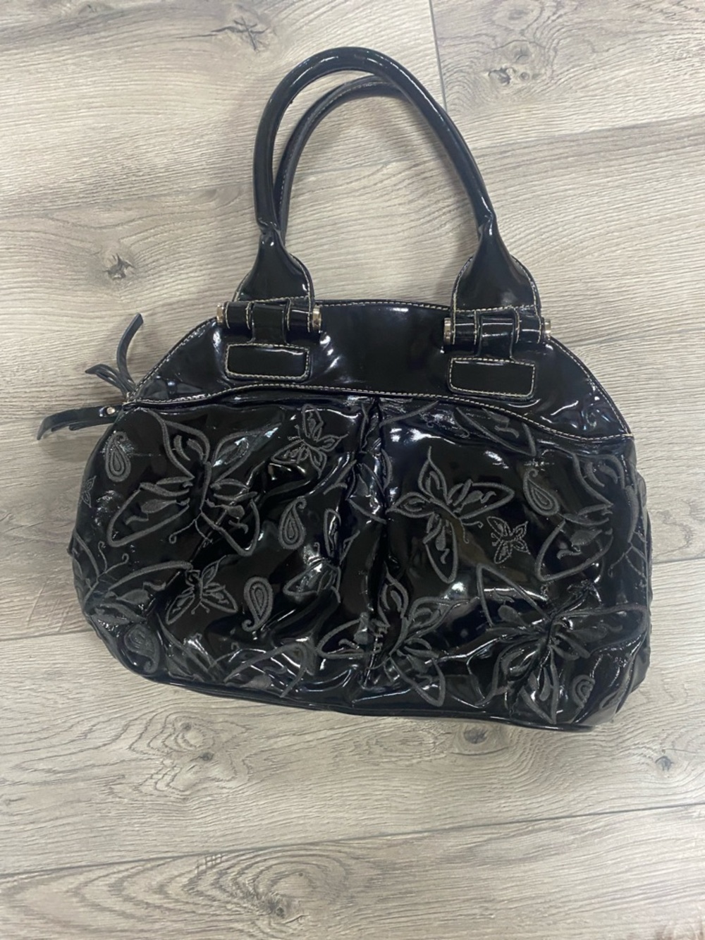 Patent Floral Embossed Black Tote Bag